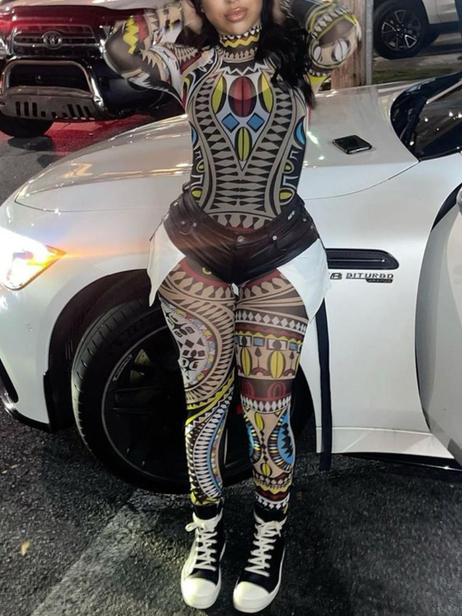 LovelyWholesale Geometric Print See Through Skinny Jumpsuit Fall Long Sleeve Street Round Neck Spring Summer 2024