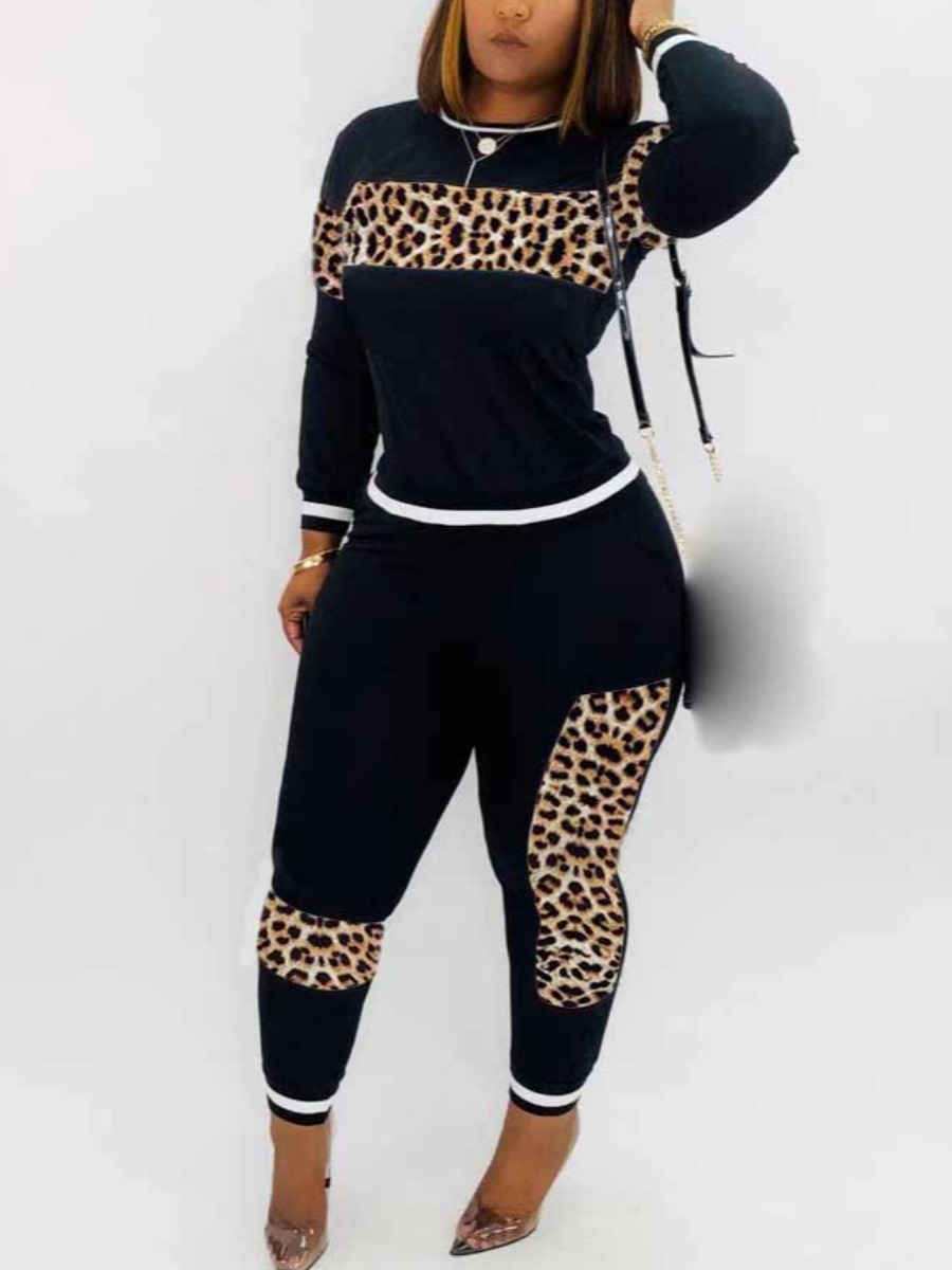 LW Plus Size Leopard Print Striped Skinny Pants Set
