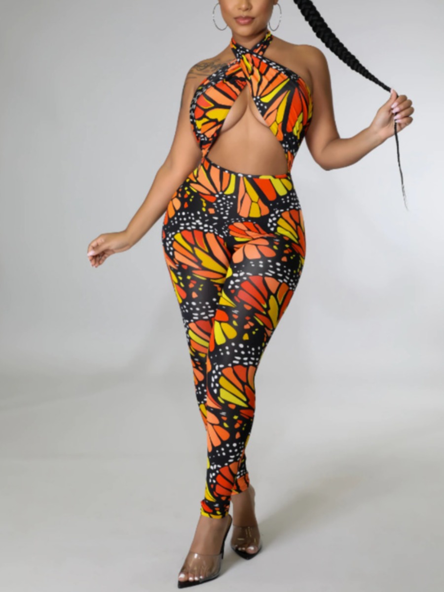 LW Mixed Print Bandage Design Backless Jumpsuit