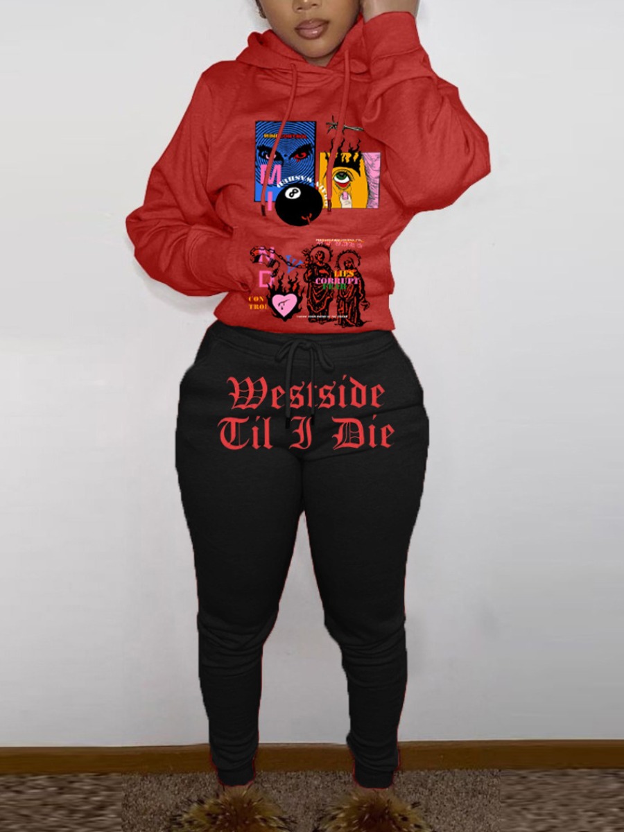 LW Cartoon Letter Print Kangaroo Pocket Tracksuit Set