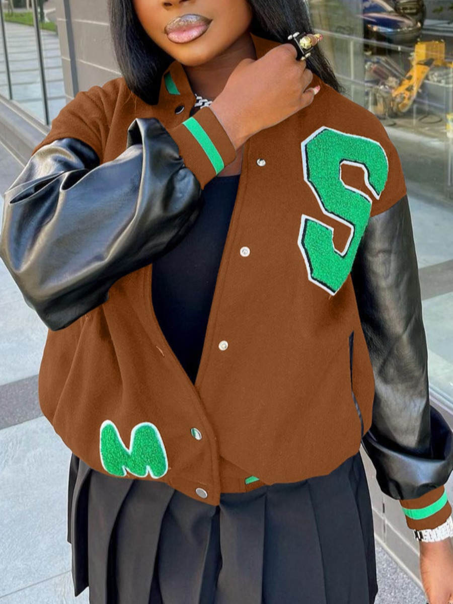 LW Plus Size Faux Leather Letter Decor Striped Jacket