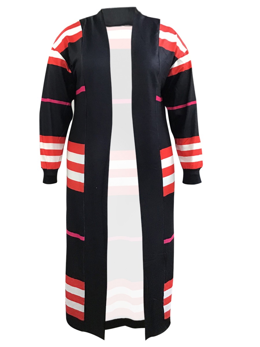 LW BASICS Plus Size Striped Patchwork Coat 3X