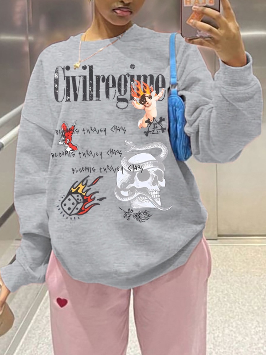 LW Plus Size Skull Head Letter Print Loose Sweatshirt
