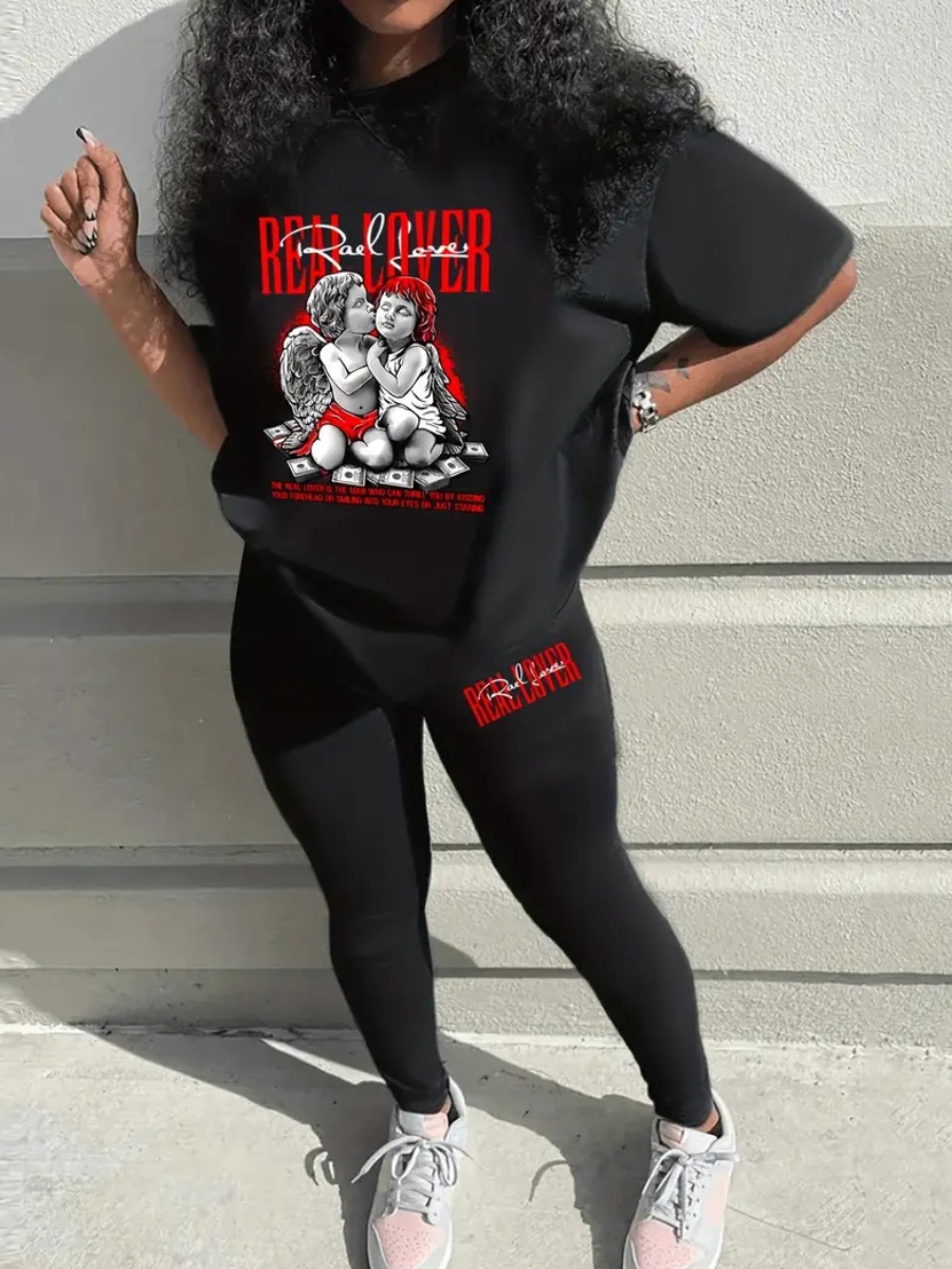 LW Pattern Print Letter Loose Two-piece Pants Set