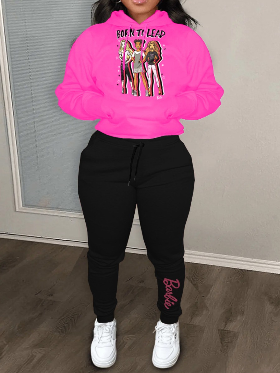 LW Figure Letter Print Kangaroo Pocket Tracksuit Set