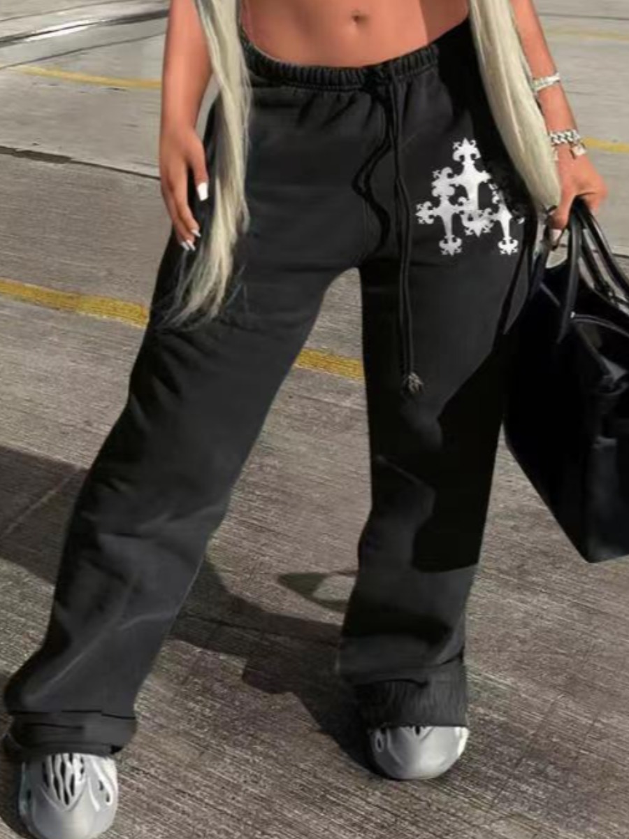 LW Mid Waist Cross Print Drawstring Sweatpants