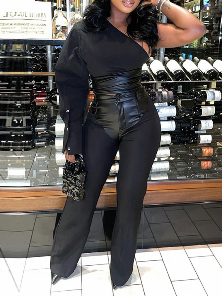 LW SXY Faux Leather One Shoulder Button Design Pants Set