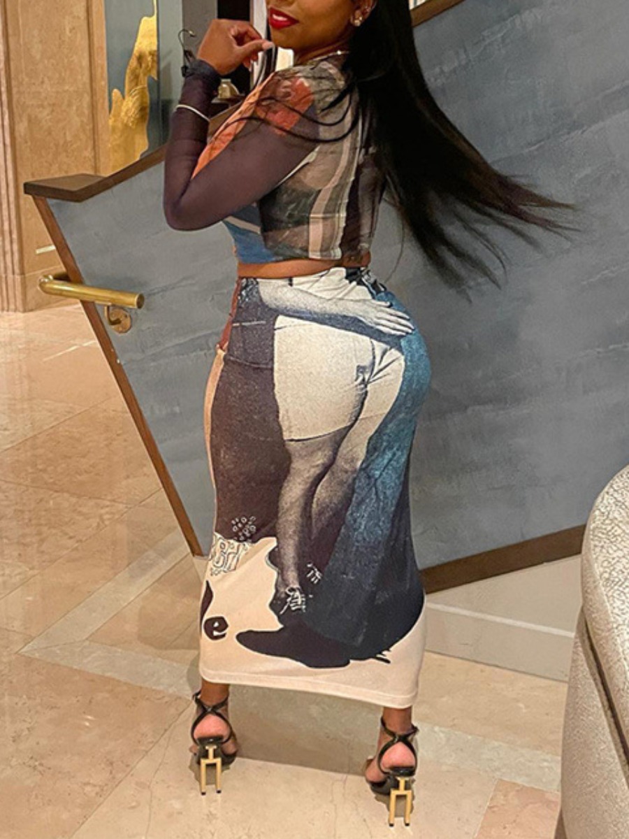 LovelyWholesale See Through Crop Top Figure Print Skinny Skirt Set Spring Long Sleeve Vacation Round Neck Spring Summer 2024