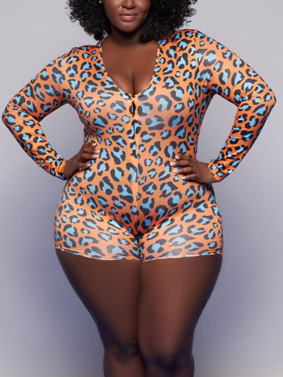 LW Plus Size V Neck Leopard Print Skinny Romper