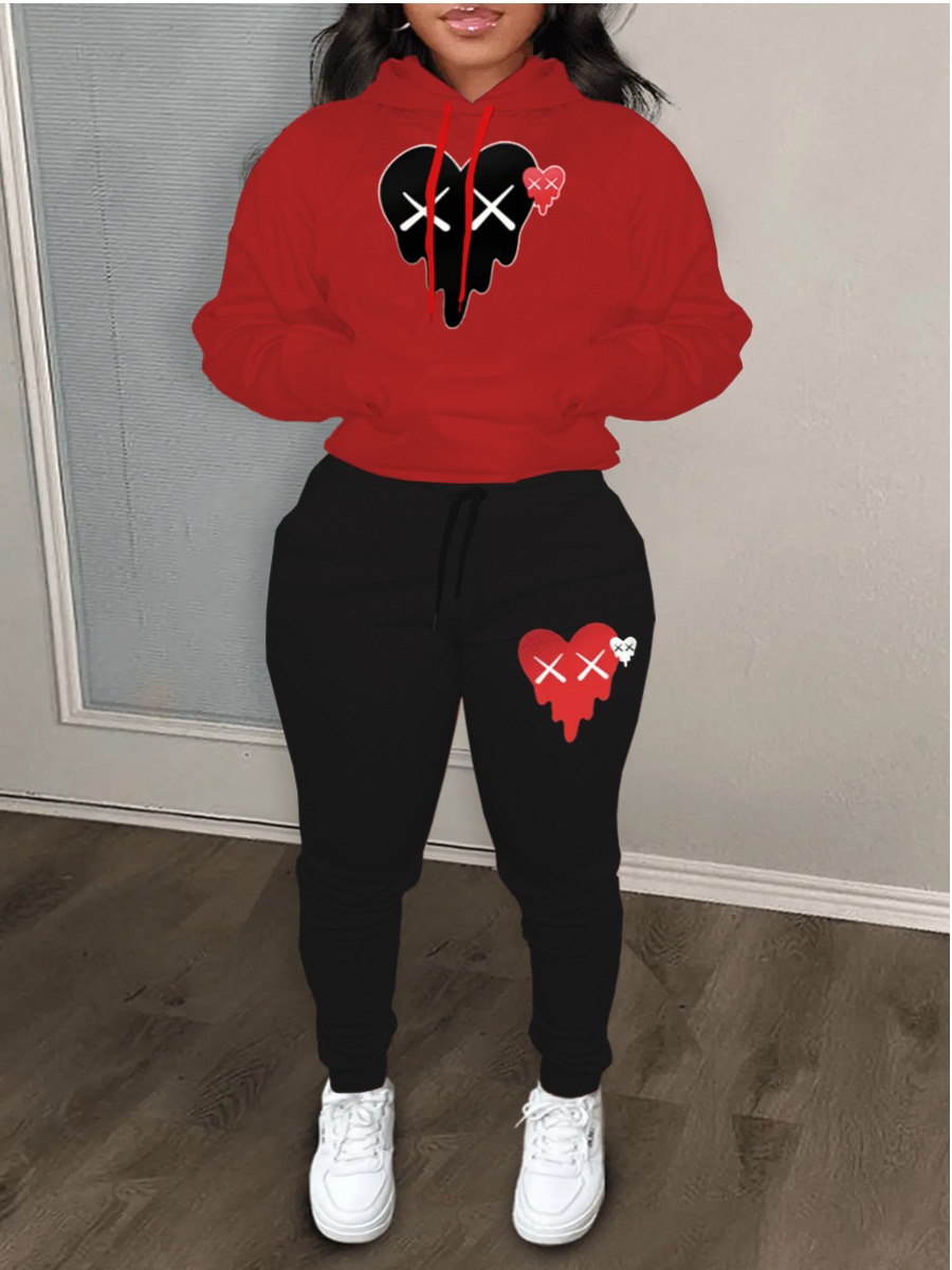 LW Heart Print Kangaroo Pocket Tracksuit Set