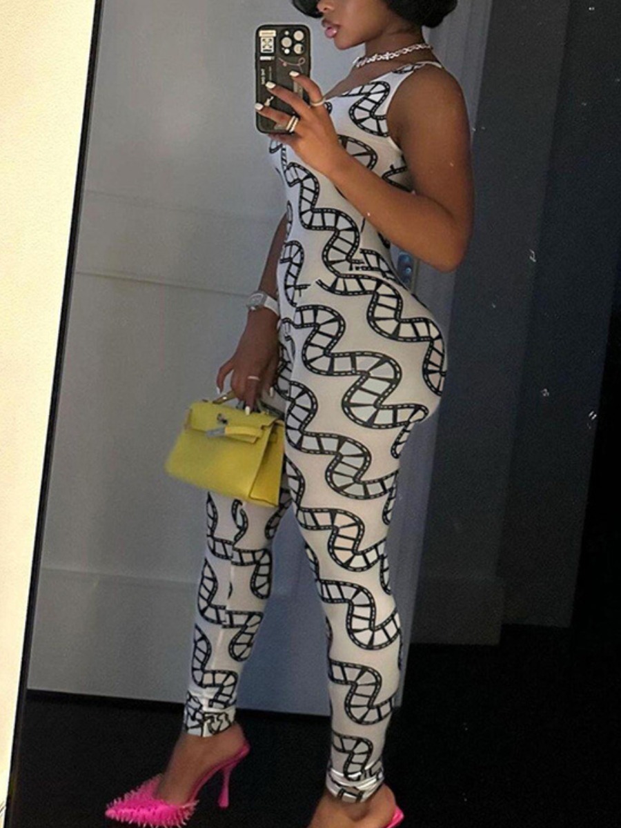 LovelyWholesale One Shoulder Geometric Print Skinny Jumpsuit Spring|Summer Sleeveless Casual Pattern One Shoulder Spring Summer 2024