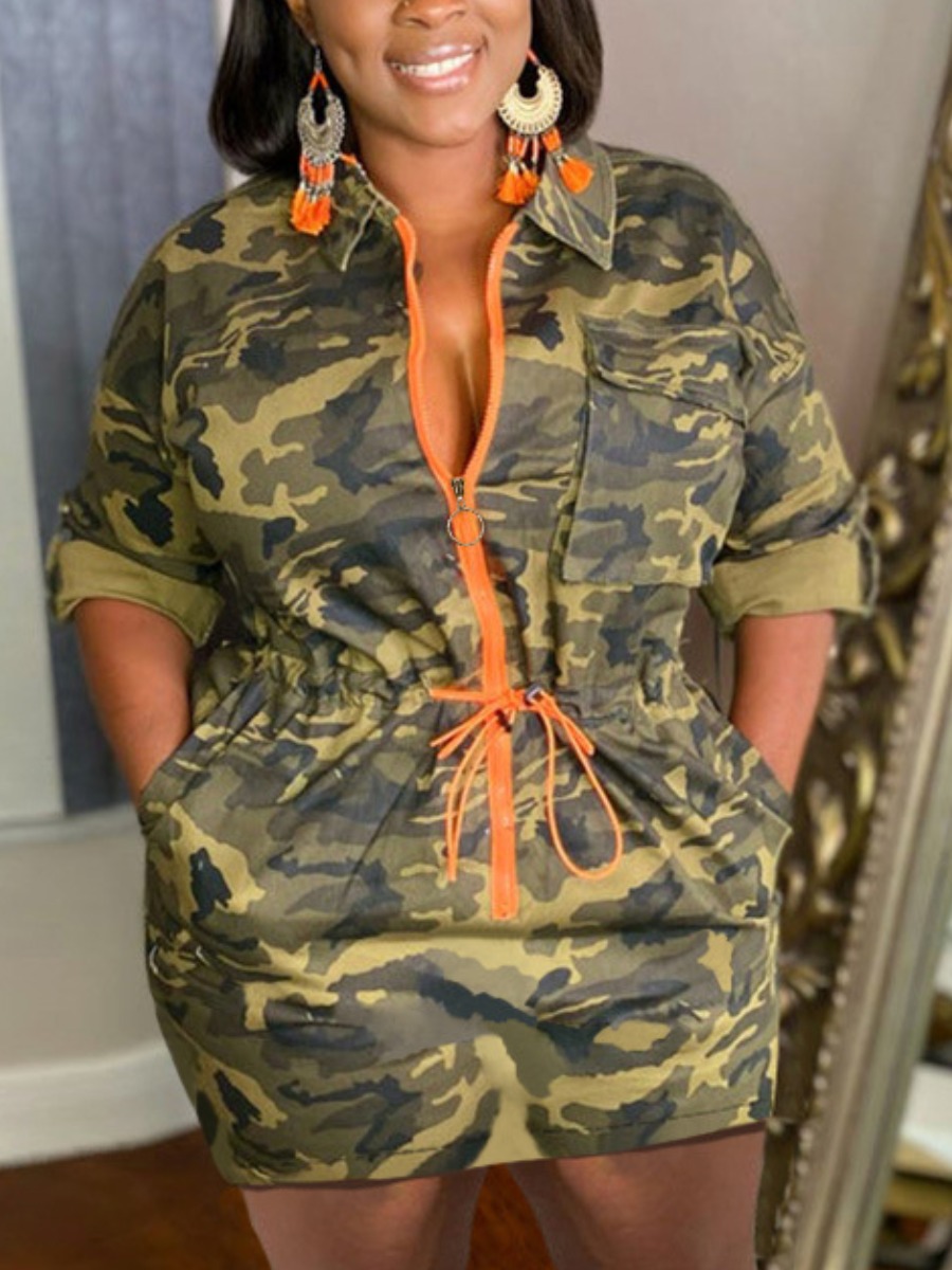 LW Plus Size Camo Print Drawstring Pocket Design Dress