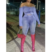 LW Imitation Denim Off The Shoulder Crop Top Pants