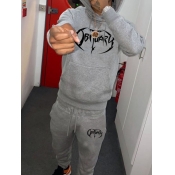 LW Men Letter Print Kangaroo Pocket Tracksuit Set