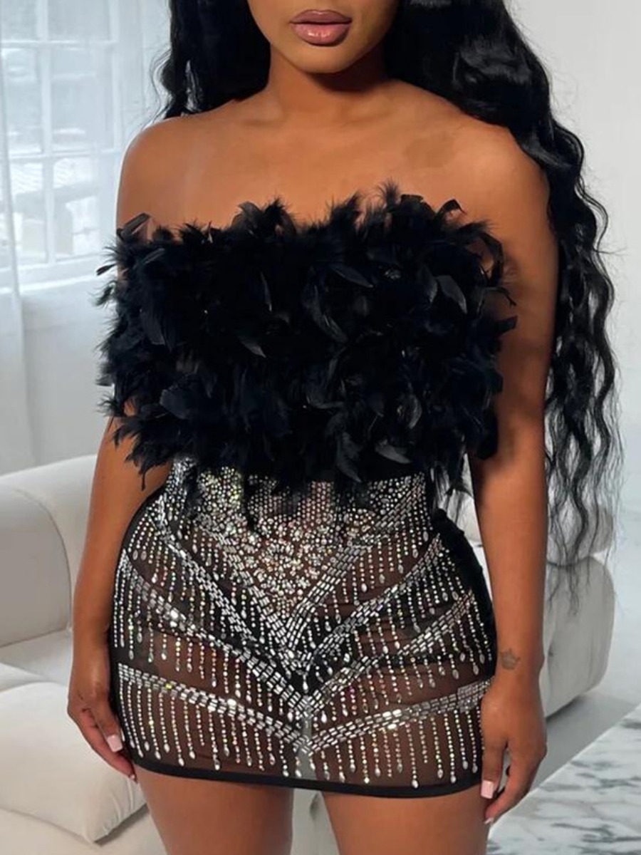 LW Off The Shoulder Feather Decor Rhinestone See Through Dress