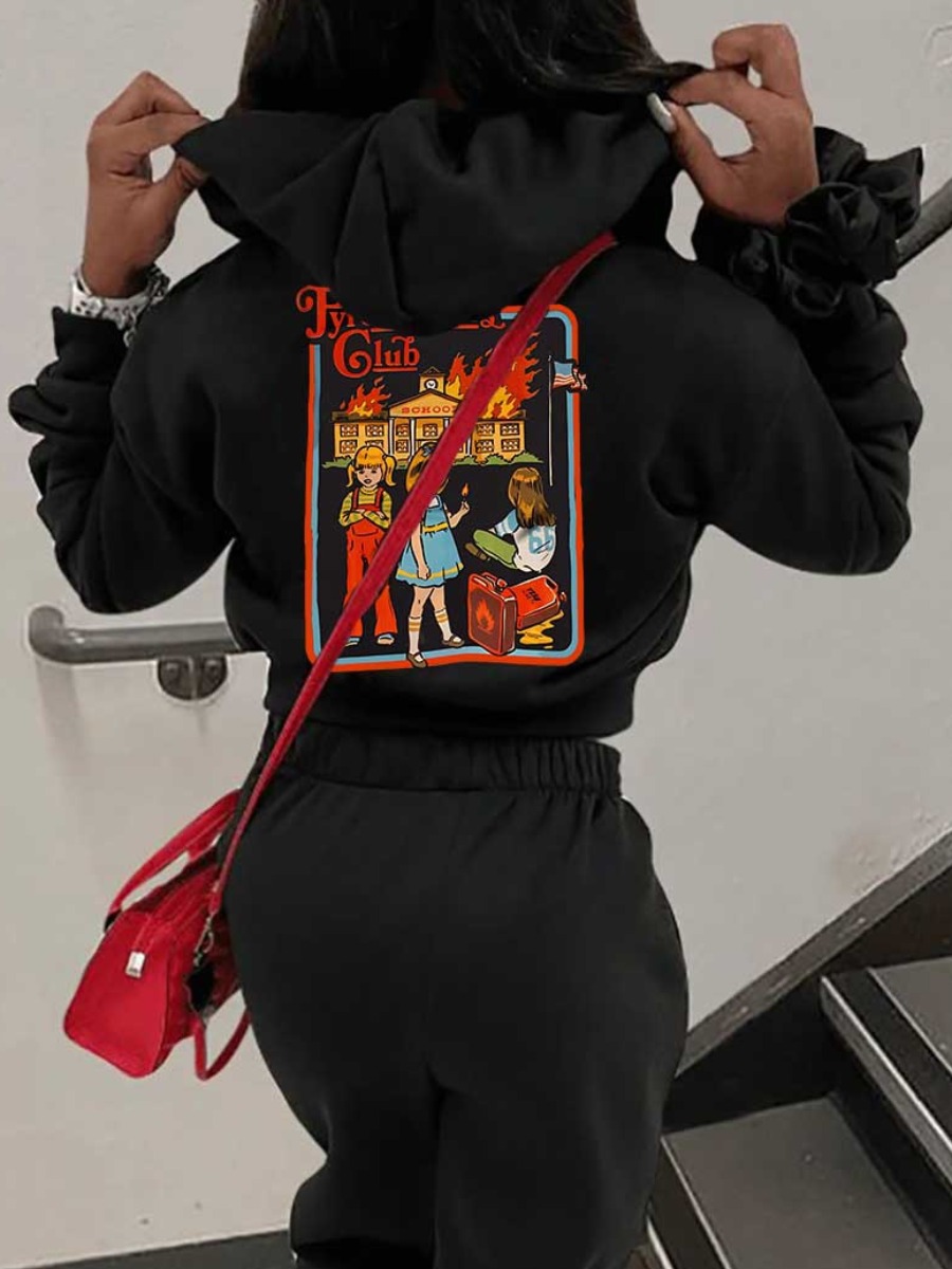 LW Plus Size Cartoon Letter Print Kangaroo Pocket 
