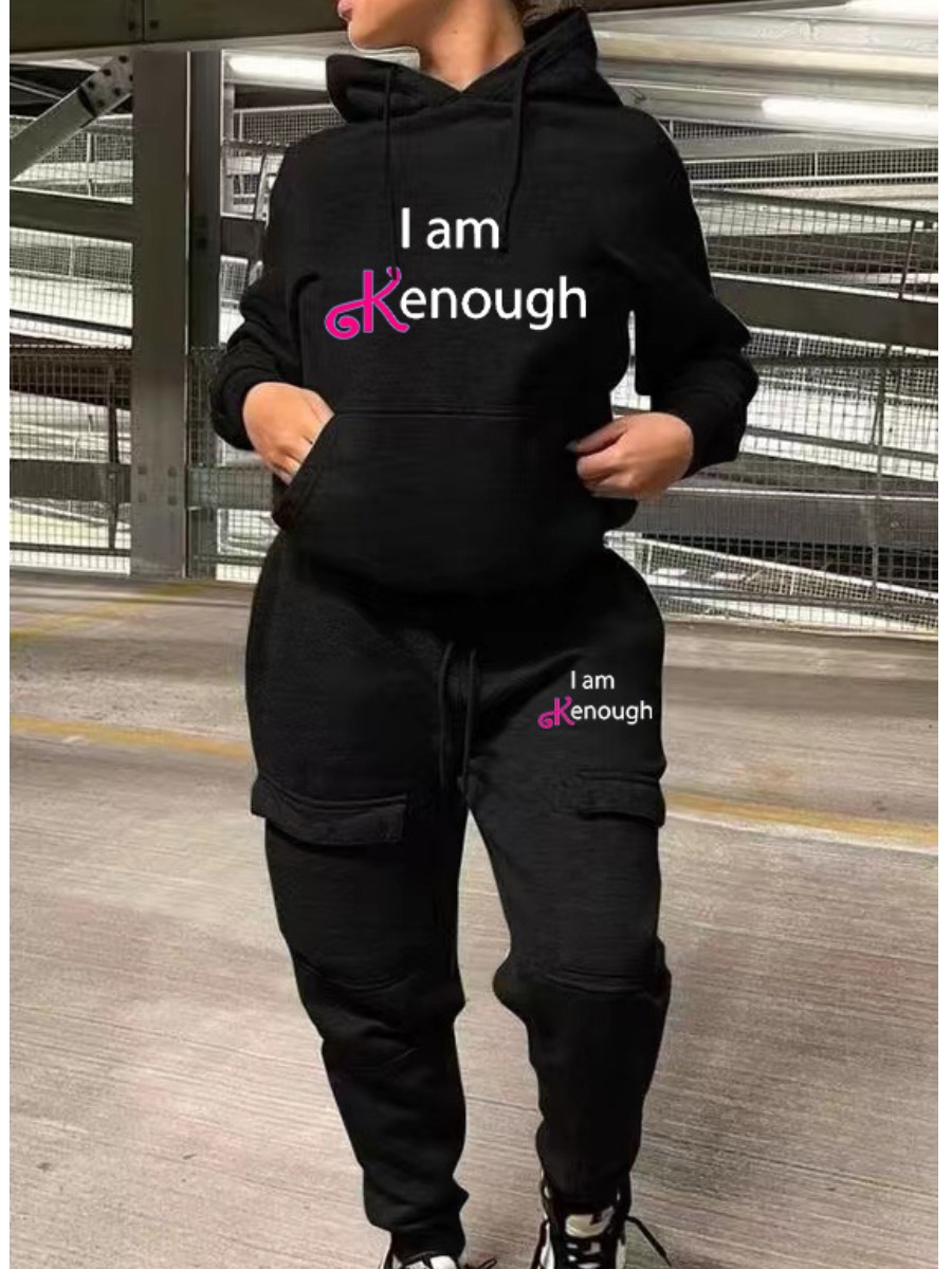 LW Plus Size Letter Print Kangaroo Pocket Tracksuit Set