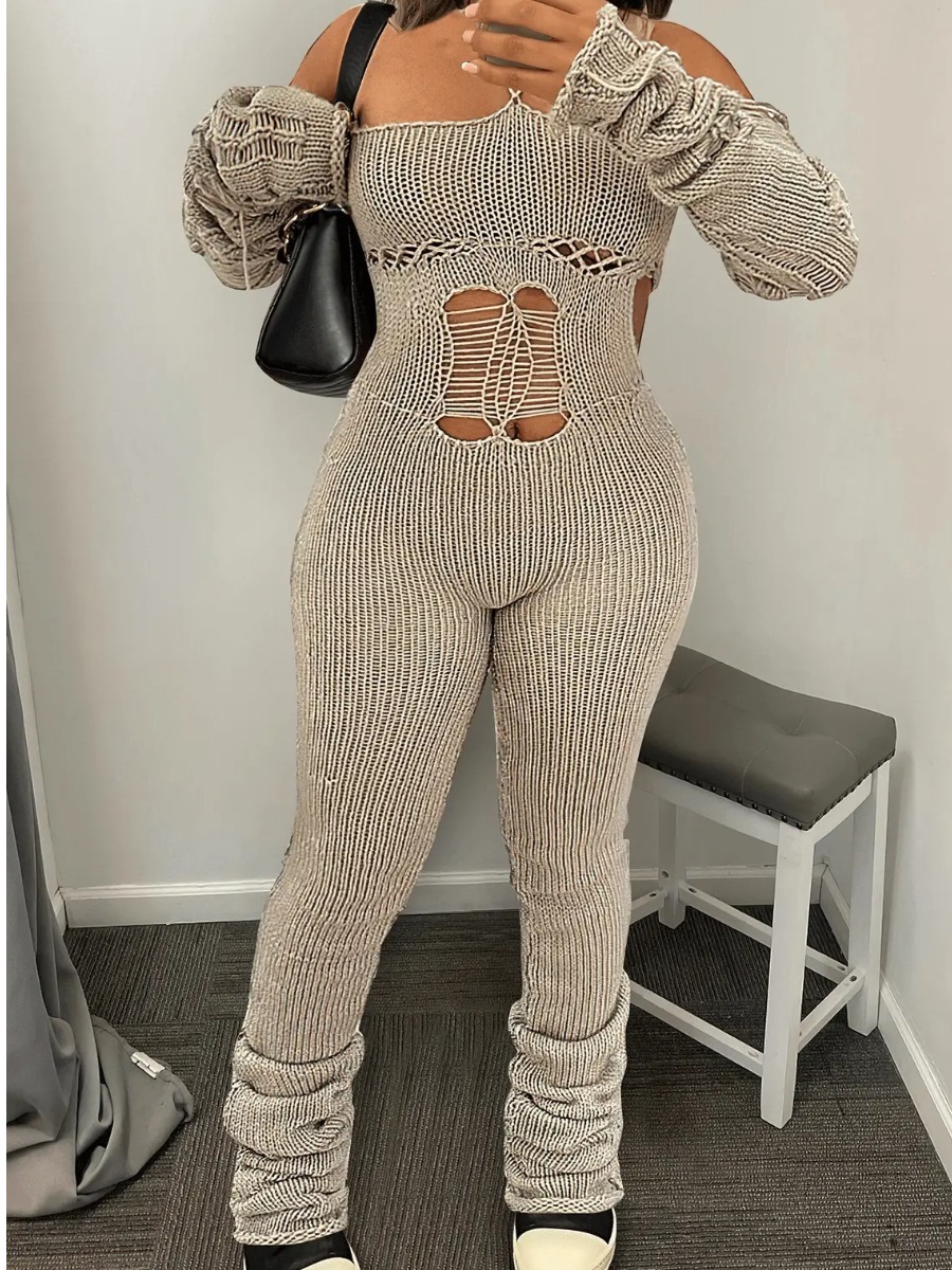 LW SXY Bandage Design Backless Knit Skinny Jumpsuit