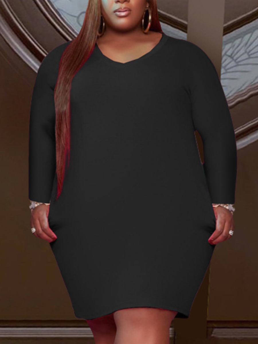 LW BASICS Plus Size V Neck Pocket Design Dress