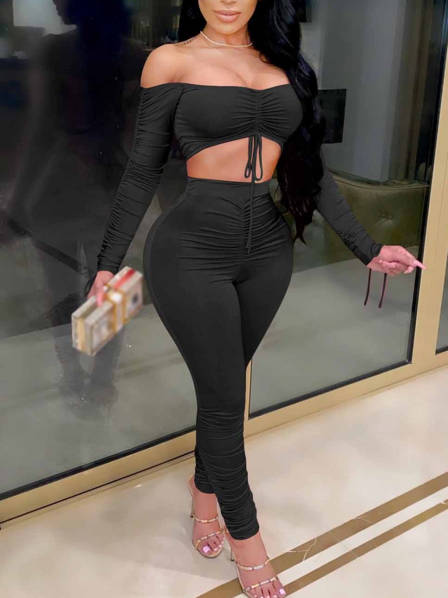 LovelyWholesale Off The Shoulder Ruched Drawstring Pants Set Fall Long Sleeve Casual Bateau Neck Spring Summer 2024
