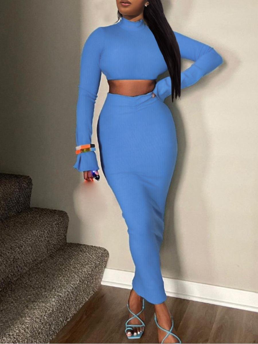 LW Turtleneck Crop Top Rib Knit Skirt Set