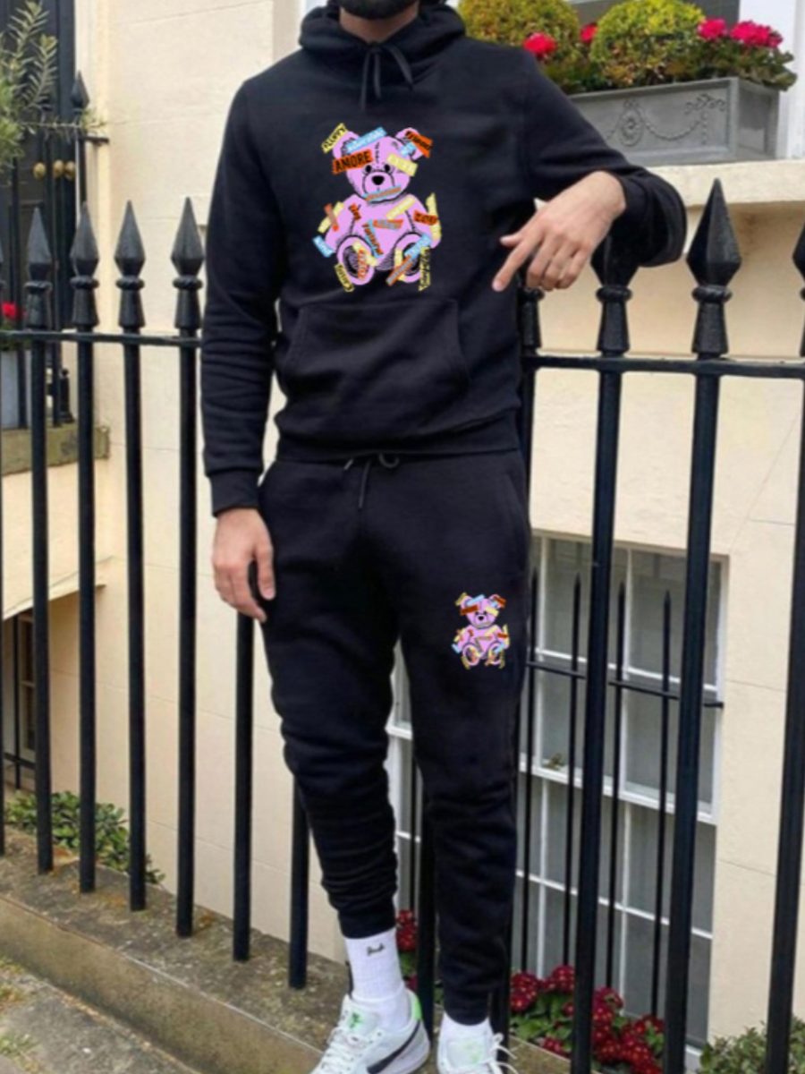 LovelyWholesale Men Teddy Bear Print Kangaroo Pocket Tracksuit Set Fall Long Sleeve Casual Hooded Collar Spring Summer 2024
