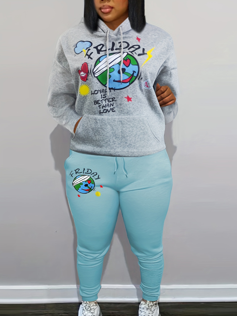 LW Plus Size Cartoon Letter Print Kangaroo Pocket Tracksuit Set