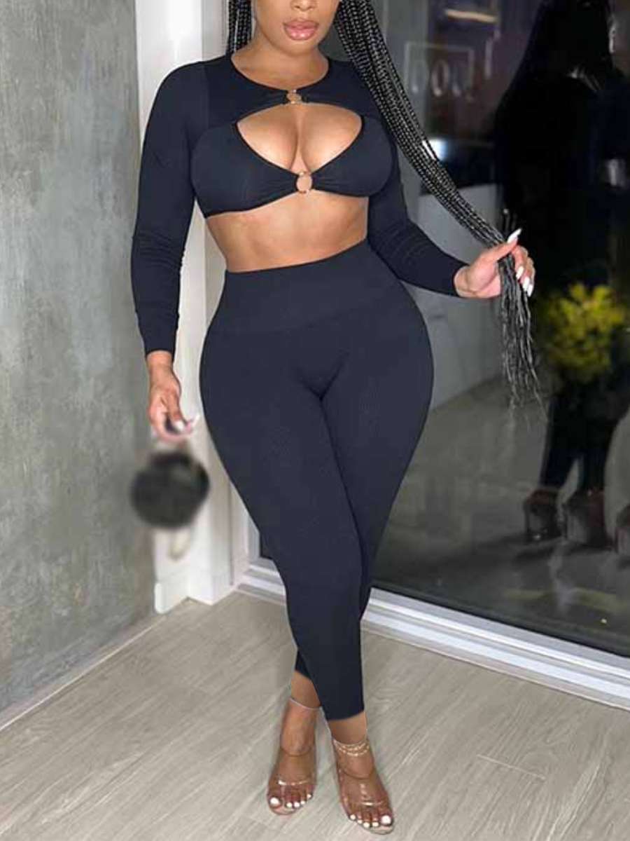 LW SXY Crop Top Metal Ring Decor Rib Knit Pants Set