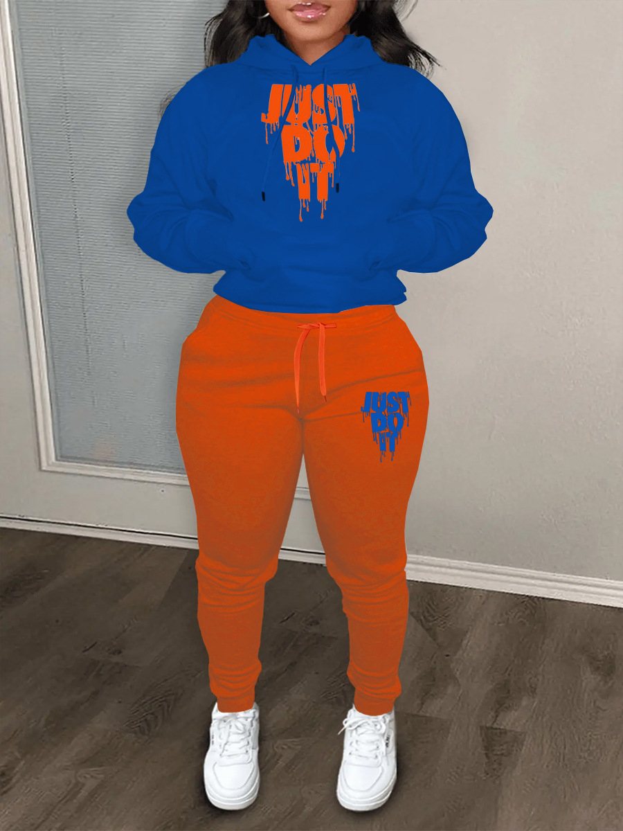 LW Plus Size Just Do It Letter Print Kangaroo Pocket Tracksuit Set