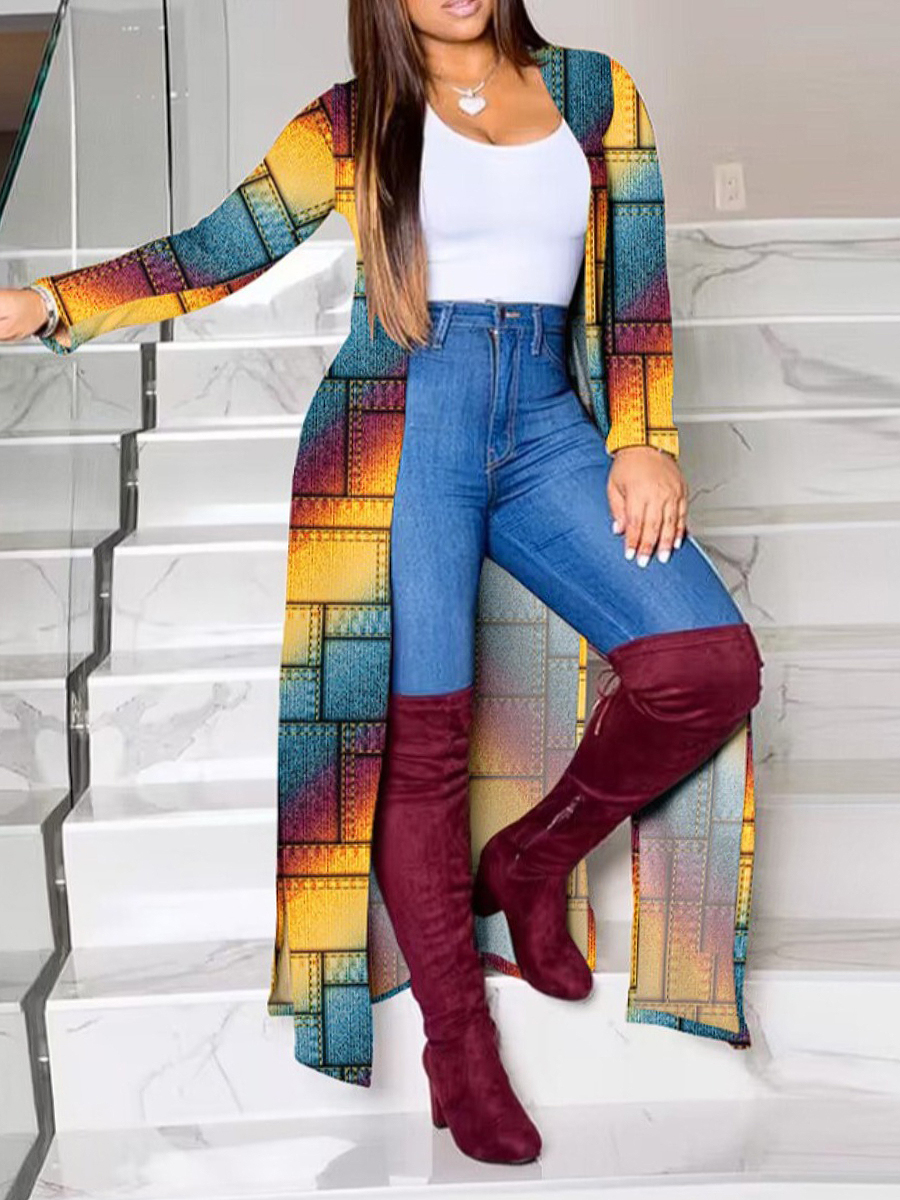 LW Plus Size Gradient Geometric Print Loose Trench Coat