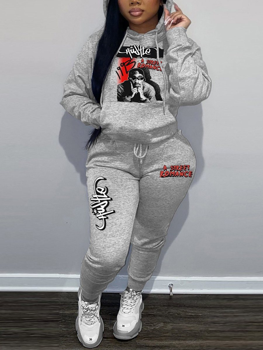 LW Plus Size Figure Letter Print Kangaroo Pocket Tracksuit Set