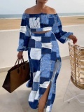 LW Plus Size Off The Shoulder Plaid Print Side Slit Skirt Set