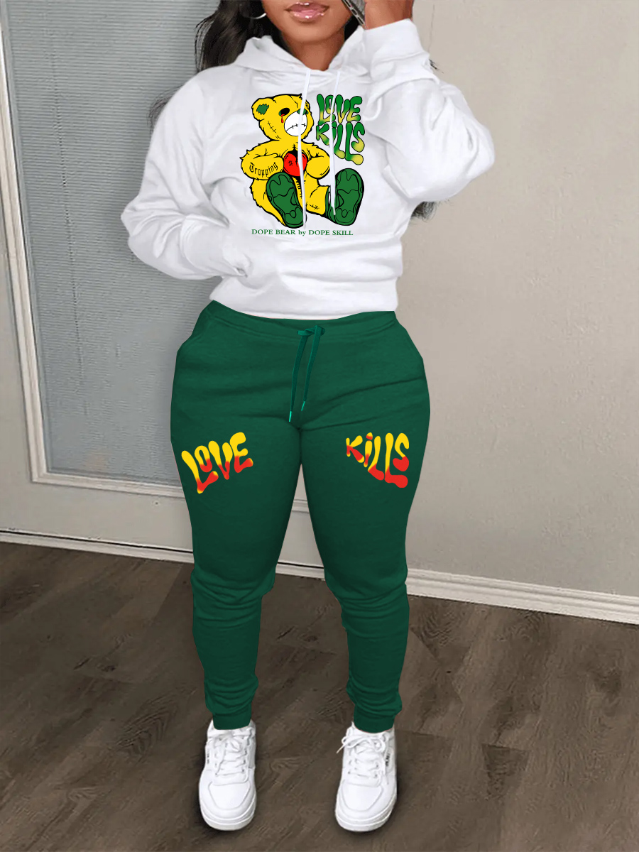 LW Plus Size Teddy Bear Letter Print Kangaroo Pocket Tracksuit Set
