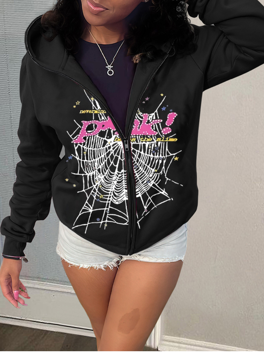 LovelyWholesale Spider Web Letter Print Jacket Fall Nine Points Sleeve Street Zipper Design Hooded Collar Spring Summer 2024