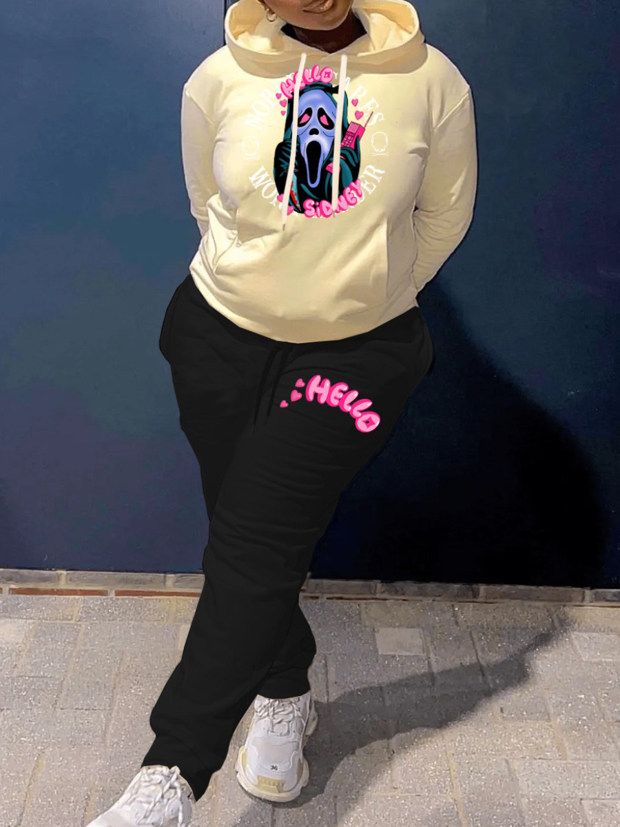 LovelyWholesale Cartoon Letter Print Kangaroo Pocket Tracksuit Set Fall Long Sleeve Casual Hooded Collar Spring Summer 2024