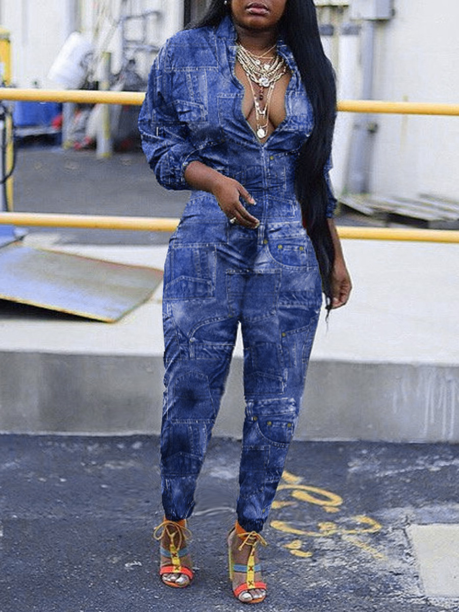 LW Plus Size Zipper Design Pattern Print Skinny Jumpsuit
