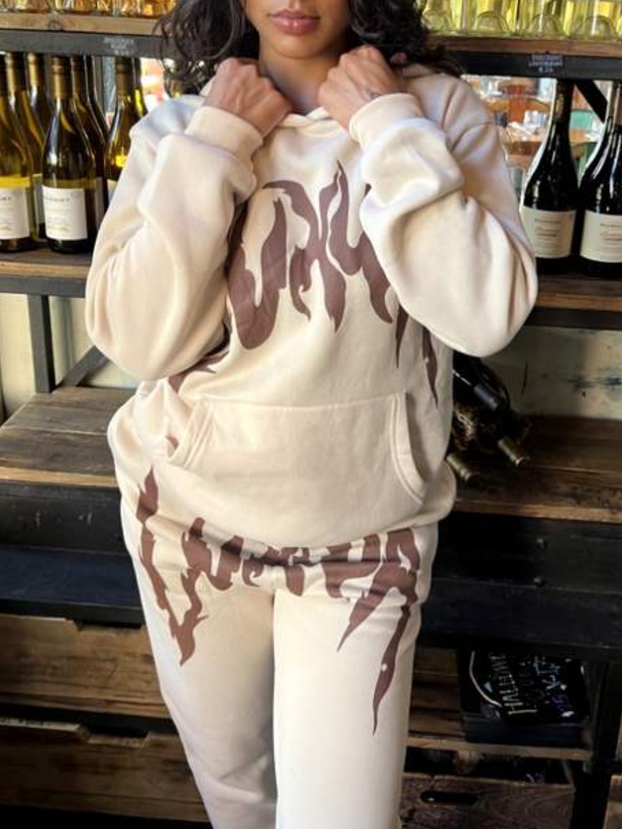 LovelyWholesale Pattern Kangaroo Pocket Print Loose Two-piece Pants Set Fall Long Sleeve Street Hooded Collar Spring Summer 2024