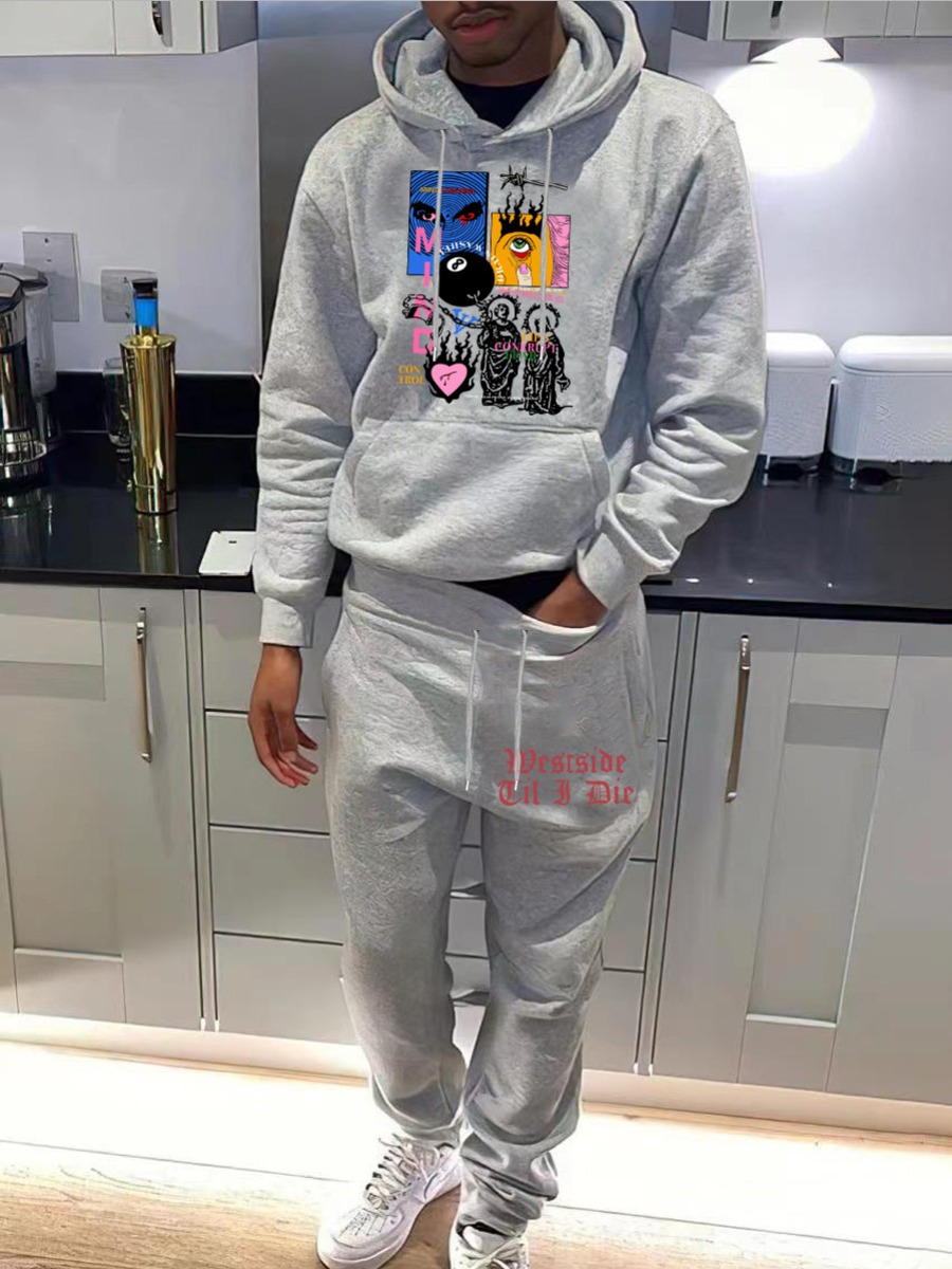 LW Men Figure Letter Print Kangaroo Pocket Tracksu