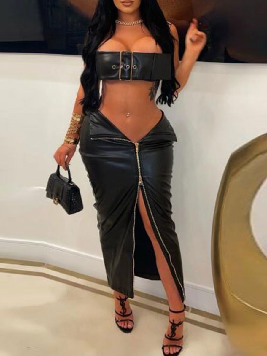 LW SXY Faux Leather Zipper Belt Design Skirt Set