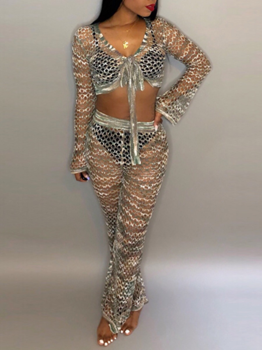 LW Crop Top Bandage Design Mesh Pants Set