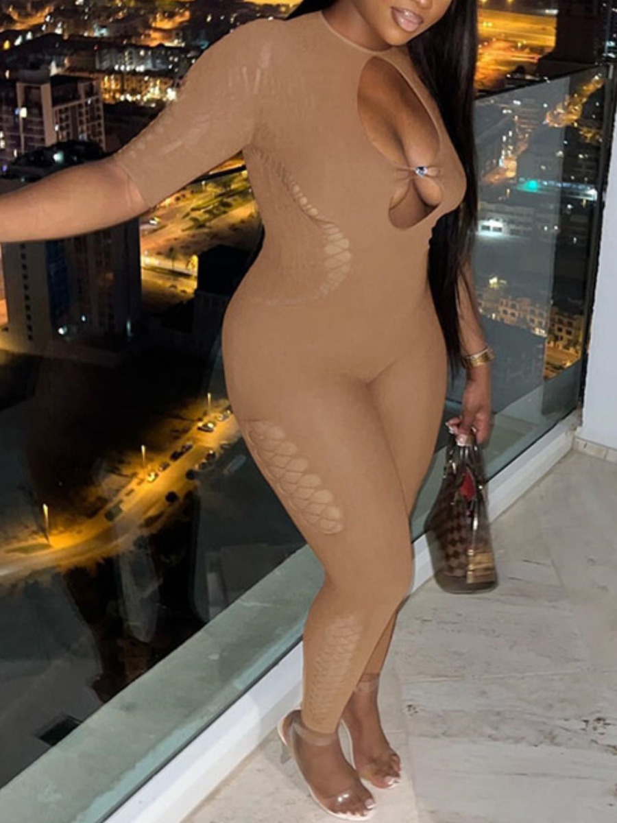 LovelyWholesale SXY See Through Pierced Skinny Jumpsuit Spring|Summer Short Sleeve Sxy See Through Round Neck Spring Summer 2024