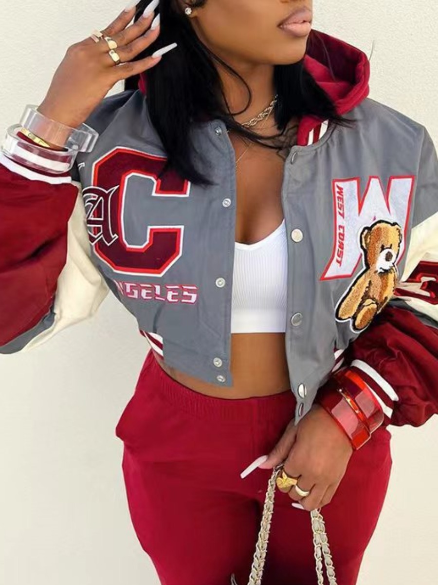 LW Plus Size Crop Top Teddy Bear Decor Striped Jacket