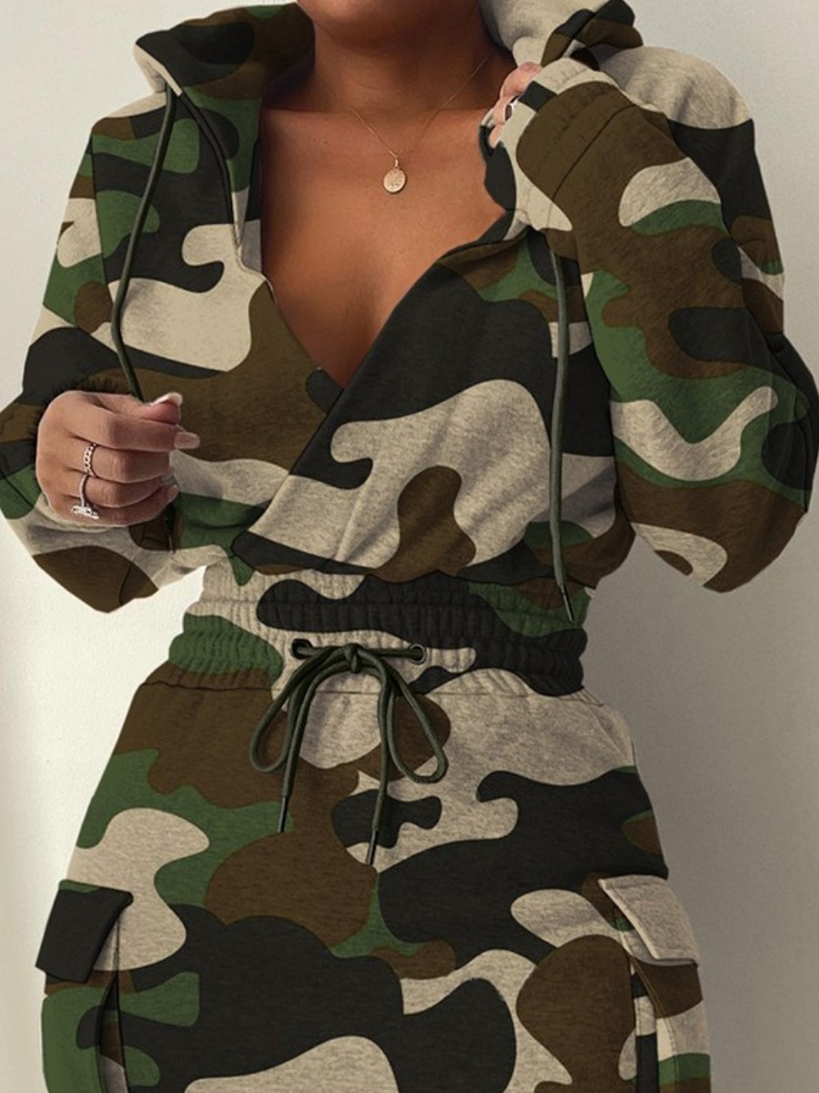 LW Camo Print Side Pocket Drawstring Dress