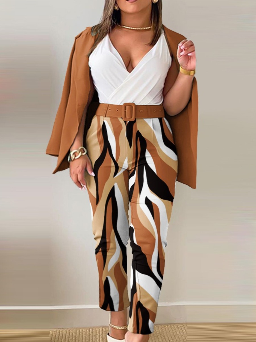 LovelyWholesale Plus Size Mixed Print Belt Design Blazer Pants Set Fall Long Sleeve Business Belt Lapel Neck  3X Spring Summer 2024