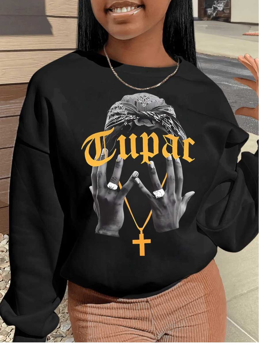 LovelyWholesale Dropped Shoulder Figure Letter Print Sweatshirt Fall Casual Pattern Round Neck Spring Summer 2024