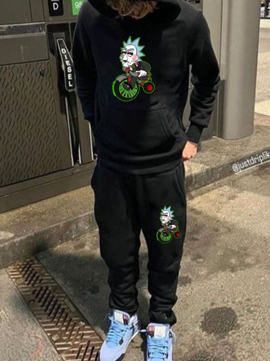 LW Men Cartoon Print Kangaroo Pocket Tracksuit Set