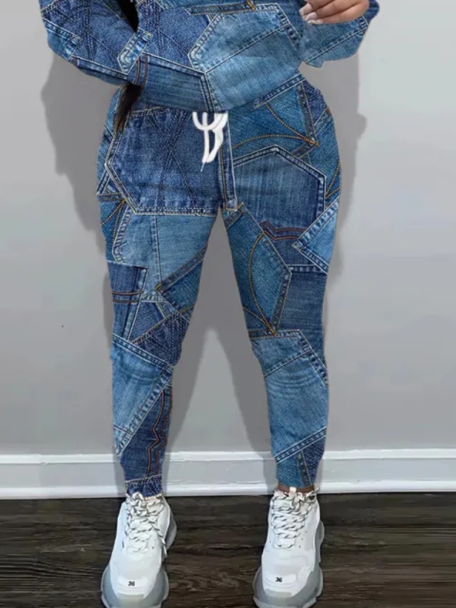 LW Imitation Denim High Waist Drawstring Loose Pants