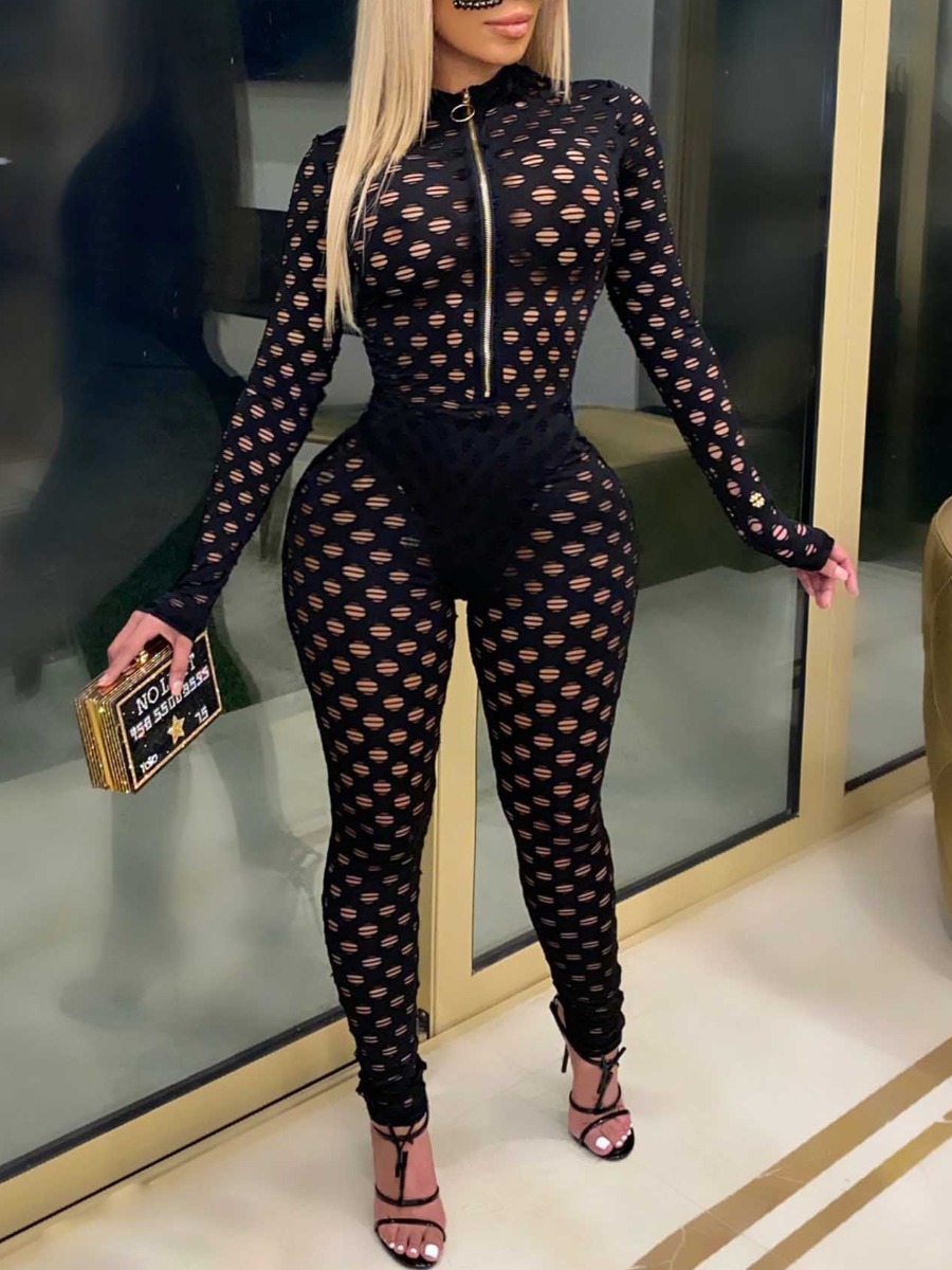 LW SXY See Through Zipper Design Pierced Skinny Jumpsuit