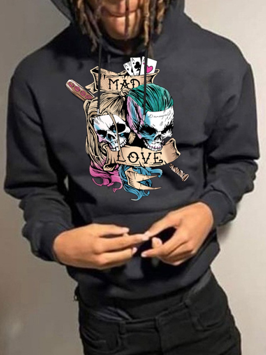 LW Men Skull Head Letter Print Kangaroo Pocket Hoo