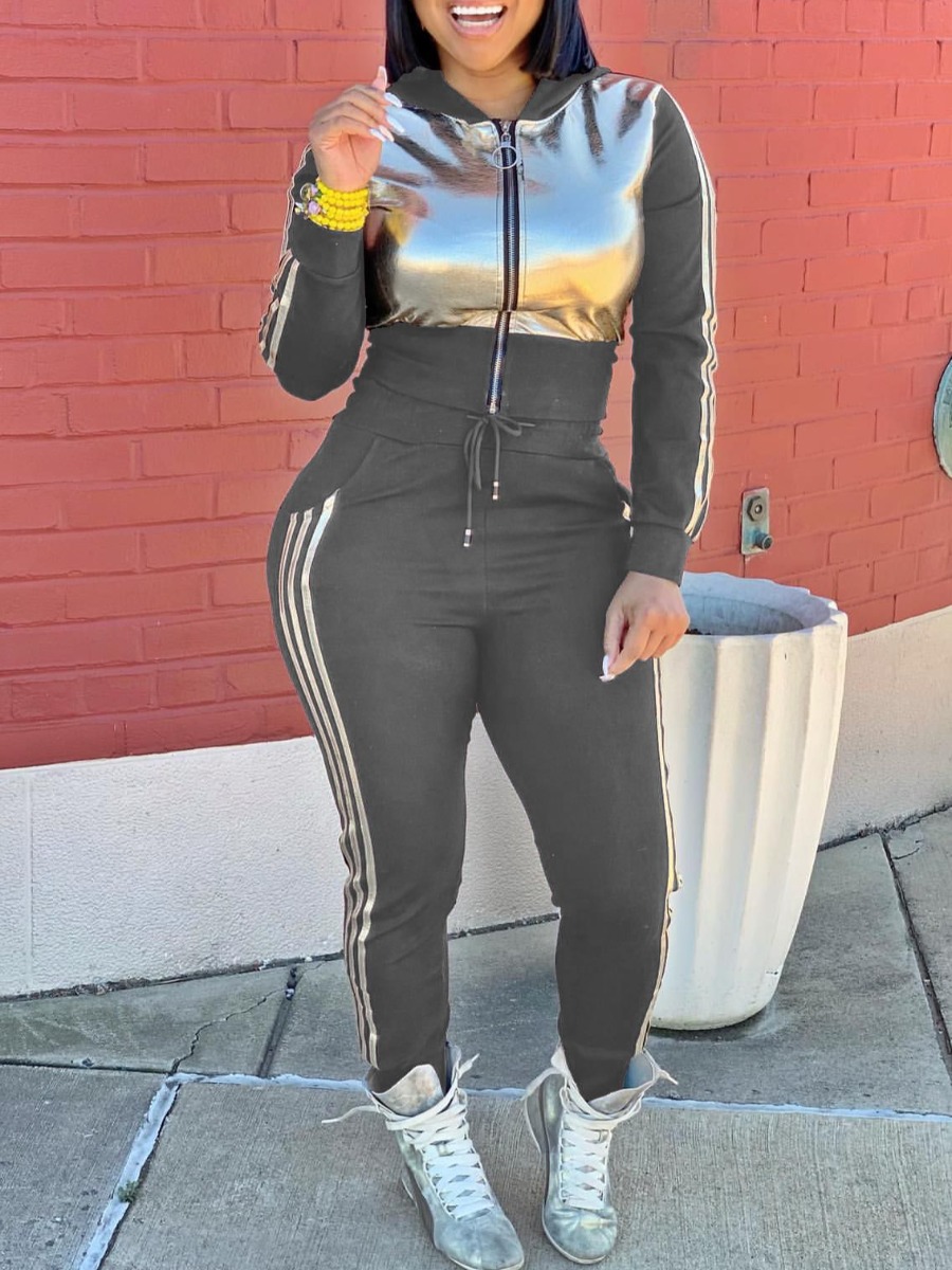 LW Plus Size Hooded Collar Striped Tracksuit Set